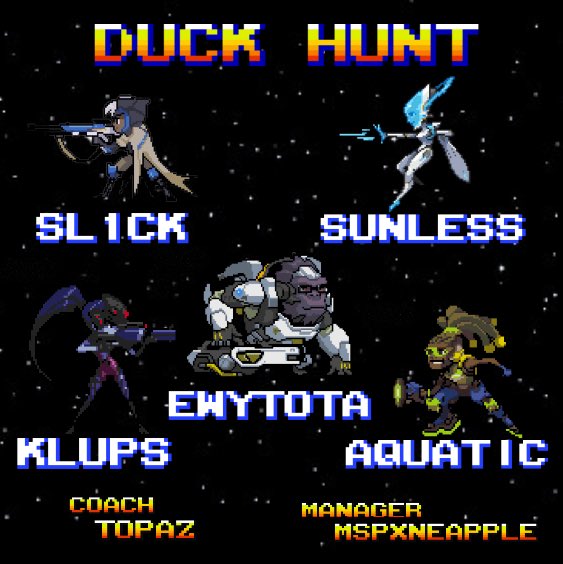 PandemoniumOW's tweet photo. 3… 2… 1… Shoot! After some trial and error we are excited to announce our finalized GM1+ roster… Duck Hunt!

💉 @Sl1ck11 
💉 @Aquatic2727 
🛡️ Ewytota
⚔️ @Klups10 
⚔️ Sunlessfiber

#PandemoniumArcade #DuckHunt #RunUptheScore https://t.co/pJDqZp0ie5