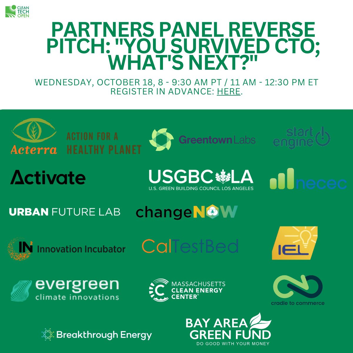 cleantechopen's tweet image. 🌟 Join us for our Partners’ Reverse Pitch Panel: &quot;You Survived CTO; What&apos;s Next?&quot;🌟

🗓️ When: THIS Wednesday, October 18th 
🕰️ Time: 8 - 9:30 a.m. PST / 11 - 12:30 p.m. ET

🖊️ Find out more and register here on Zoom:

us02web.zoom.us/meeting/regist…

#CleantechOpen #CTOAlumni