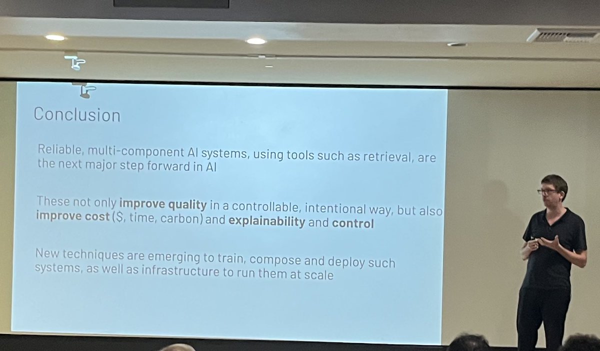 “Move from AI models to AI systems to combine multiple tools such as RAG to avoid hallucination and improve quality” - <a href="/matei_zaharia/">Matei Zaharia</a>  at #vectara event.