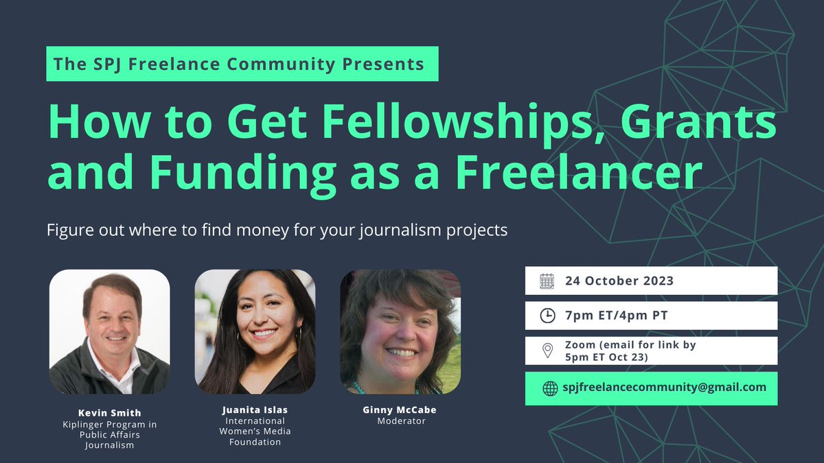 Free webinar! Join us next week to get tips on where to find $$$ for your freelance journalism projects. Email spjfreelancecommunity@gmail.com for a Zoom link by 5pm ET October 23rd.