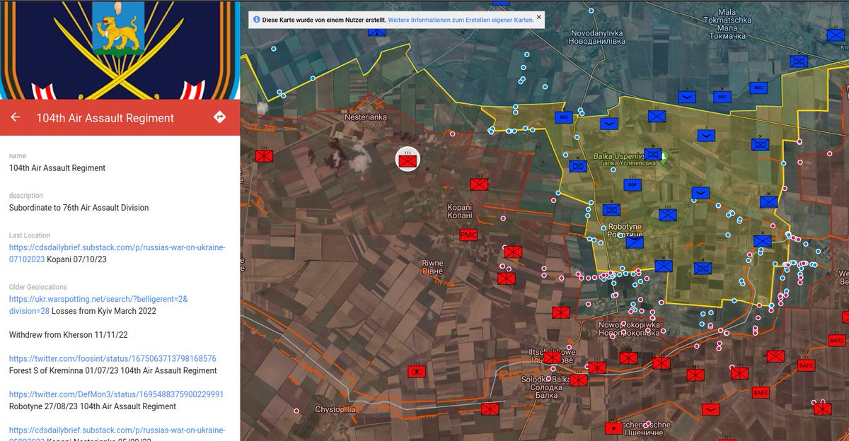 MMKeupp's tweet photo. #ukraine has done a large mine-clearing operation (probably #miclic) to create a corridor for armored vehicles. flank north of #kopani is weakly defended by #russia's last #vdv AA regiments (104th and 234th). maps by @AndrewPerpetua and team and @projectowlosint . https://t.co/IO5mJq98r1