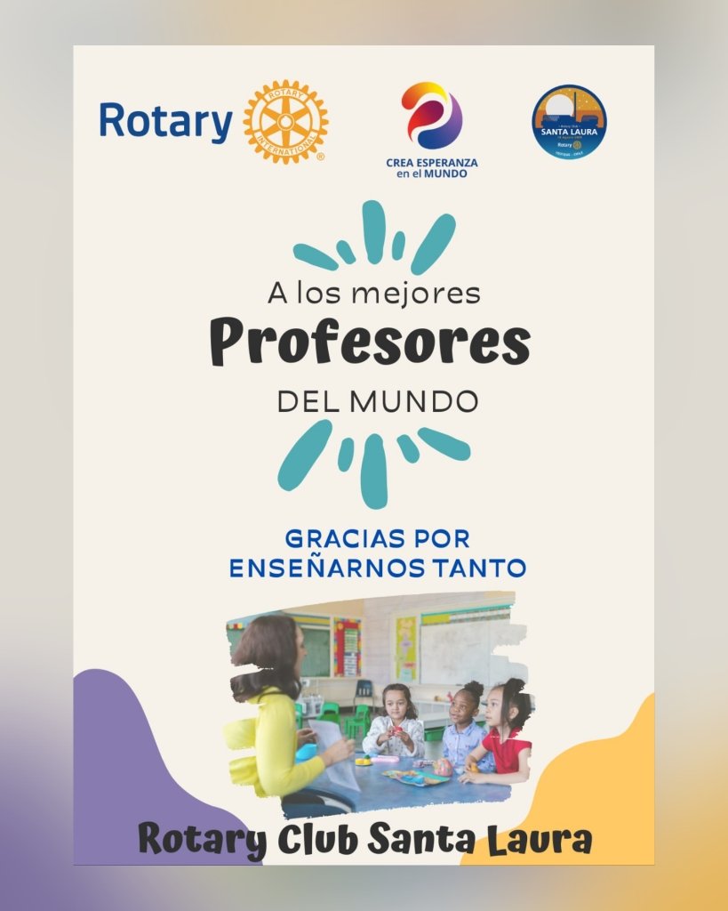 RotaryStaLaura's tweet photo. Un saludos a los Profesores en su día.
Gracias por dedicarse no
sólo a educarnos, si no,
a ser mejores personas.
@gordonmcinally @Rotary @RotaryES #CreaEsperanzaenelMundo https://t.co/8SUJ8oSbPx