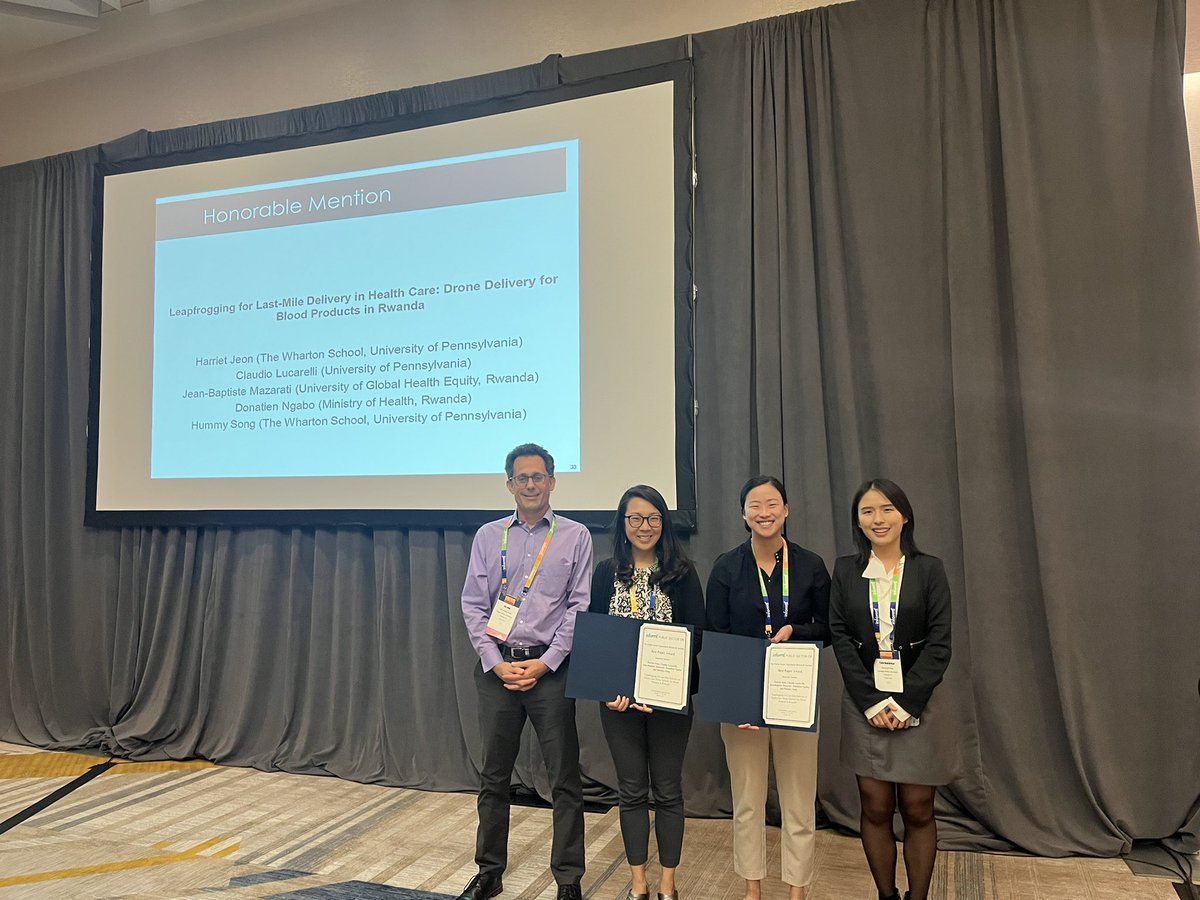 The Honorable Mention of the PSOR Best Paper Competition is:

Leapfrogging for Last-Mile Delivery in Health Care: Drone Delivery for Blood Products in Rwanda

By: Harriet Jeon, Claudio Lucarelli, Jean-Baptiste Mazarati, Donatien Ngabo, and Hummy Song

#INFORMS2023