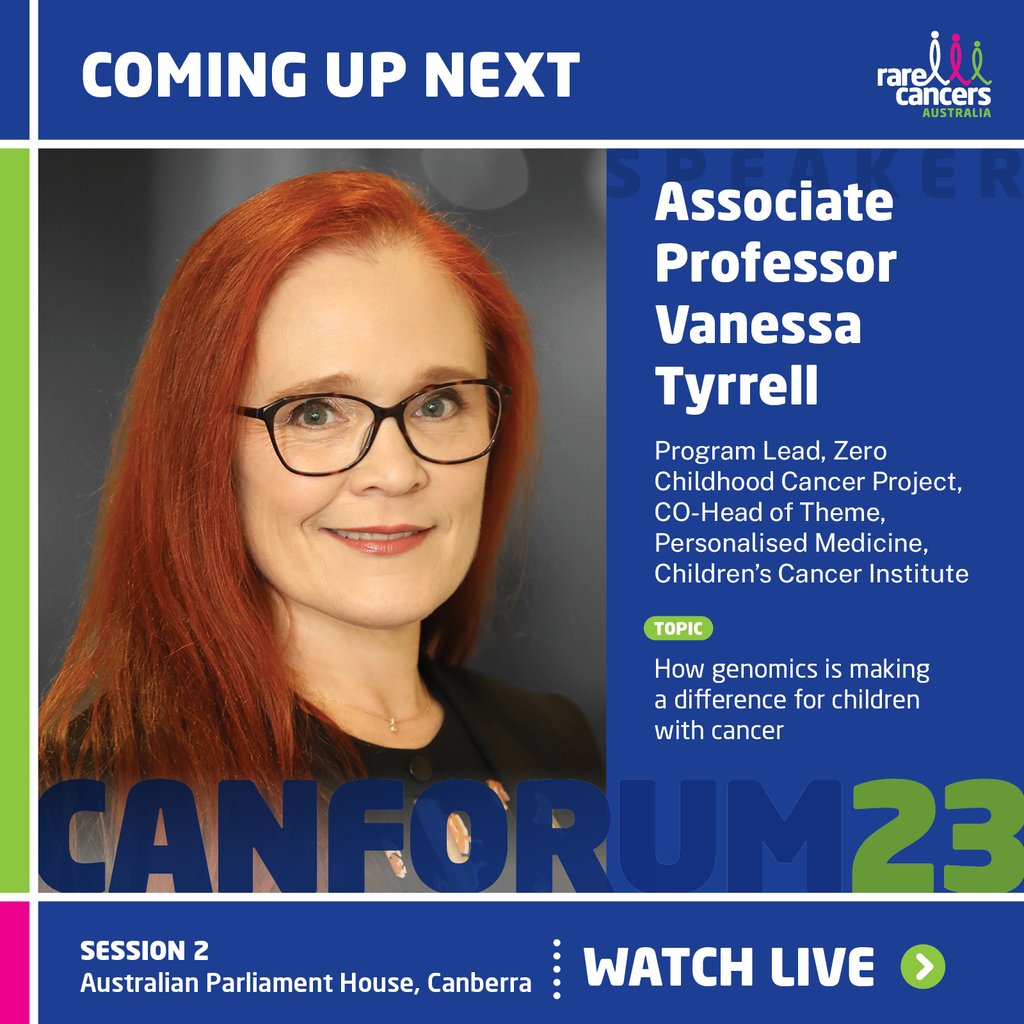 RareCancers's tweet photo. Hear Associate Professor Vanessa Tyrrell from @kidscancerinst talk about how #genomics is making a difference for children with cancer at #CanForum23. Watch the live stream https://t.co/IgQ5cKqzEi #changingcancercare #childhoodcancer https://t.co/GpjoMIQ476