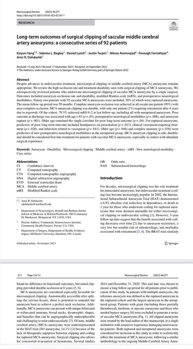 amirdehdashti's tweet photo. Surgical clipping remains the modality of choice with highest occlusion rate and better outcomes in MCA aneurysms, confirmed by our cohort just off press. Other locations including PICA, anterior choroidal and pericallosal deserve similar evaluation @cvsection @NeurosurgeryCNS https://t.co/GlGuvySQf2
