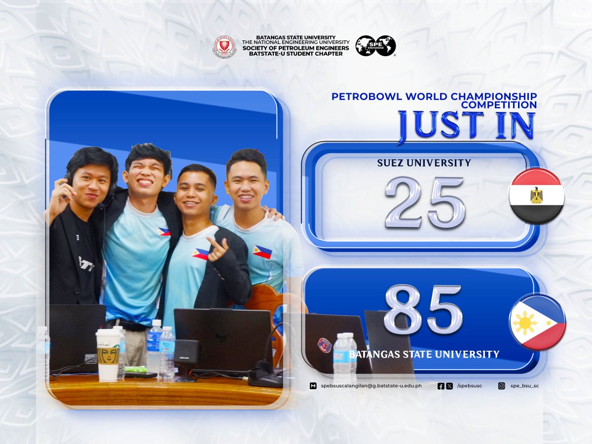 As of 7:59 am (GMT+8), our team, Batangas State University - The NEU, took on Suez University and reigned victorious with an astounding score of 85-25.

#PETROBOWL2023
#DrillingPassion
#SuperiorPerformance
#RadiantExcellence
#IgniteTheFlame