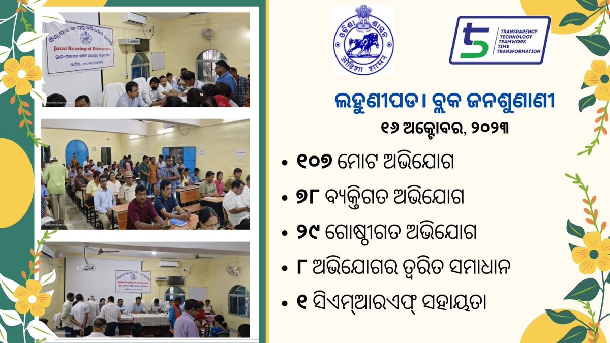DMSundargarh's tweet photo. ଲହୁଣୀପଡ଼ା ବ୍ଲକ୍ ରେ ଜନଶୁଣାଣୀ କାର୍ଯ୍ୟକ୍ରମ ଅନୁଷ୍ଠିତ ହୋଇଯାଇଛି। ଏଥିରେ ୭୮ଟି ବ୍ୟକ୍ତିଗତ ଏବଂ ୨୯ଟି ଗୋଷ୍ଠିଗତ ମାମଲାର ଶୁଣାଣୀ ହୋଇଥିଲା। ୮ଟି ଅଭିଯୋଗର ତ୍ୱରିତ ସମାଧାନ ହୋଇଥିବାବେଳେ ଜଣକୁ CMRF ପାଣ୍ଠିରୁ ସହାୟତା ମିଳିଥିଲା । @CMO_Odisha @MoSarkar5T https://t.co/Aa3WDW2jRW