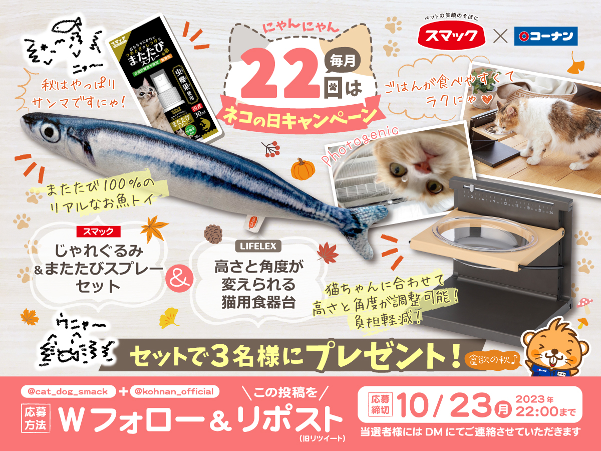 kohnan_official's tweet photo. 🐈 #ネコの日 10月スペシャルキャンペーン 🐈

毎月22日は「ネコの日」🐈🐈
 #スマック と #コーナン が送る✨
にゃんにゃんうれしいキャンペーン💖🐈🐈

✅応募方法
①スマック(@cat_dog_smack )とコーナン(@kohnan_official)をフォロー
②この投稿をリポスト

✅応募締切
2023/10/23(月)22:00

#PR https://t.co/aq6JmEPktQ