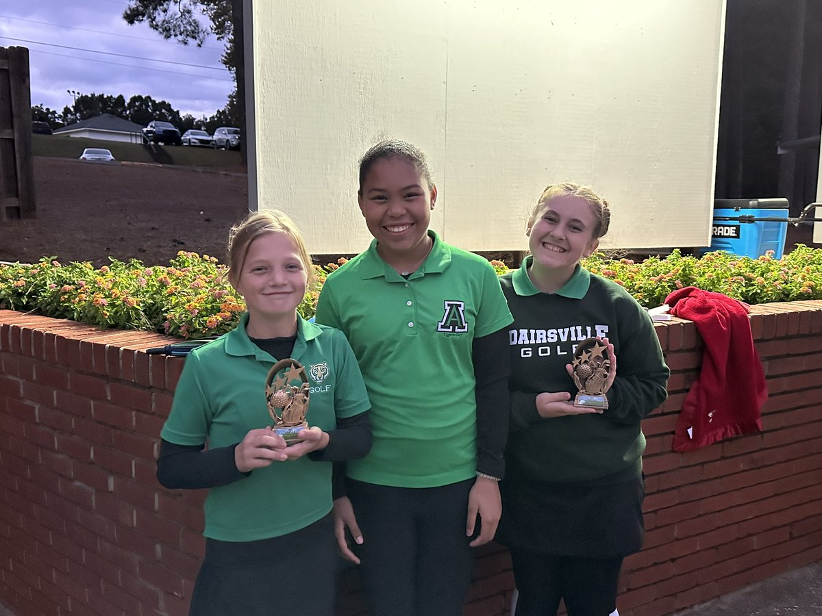 AMS Golf!  The Girls golf season came to a close tonight at the Cartersville Country Club.  With 2 - 8th graders Annabelle Cudd and Jaycee Henderson, 1 - 6th grader Khloe Shinall.  They played their best for a cold overcast night.  Proud of how much they improved! Go Tigers!