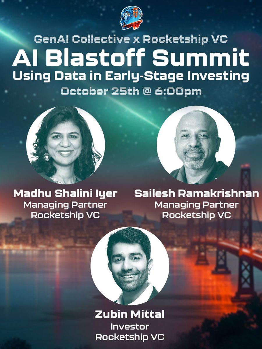 The GenAI Collective (@genaicollective) on Twitter photo Counting down the days until the GenAI Collective x <a href="/rocketshipvc/">rocketship.vc</a> AI Blastoff Summit next Wednesday! We've got a STACKED agenda complete with two panels, a fireside chat, and two discussion groups 👀🚀
🌟 Expert Panel 1: Using data in early-stage investing 🌟
• Madhu Shalini Counting down the days until the GenAI Collective x <a href="/rocketshipvc/">rocketship.vc</a> AI Blastoff Summit next Wednesday! We've got a STACKED agenda complete with two panels, a fireside chat, and two discussion groups 👀🚀
🌟 Expert Panel 1: Using data in early-stage investing 🌟
• Madhu Shalini