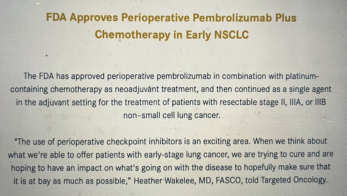 I am very excited about the positive OS results of KN671 and now FDA approval for peri-operative pembrolizumab in stage II/III NSCLC! Looking forward to <a href="/DoctorJSpicer/">Jonathan Spicer MD PhD</a> #ESMO2023 presentation! <a href="/IASLC/">IASLC</a> #lcsm