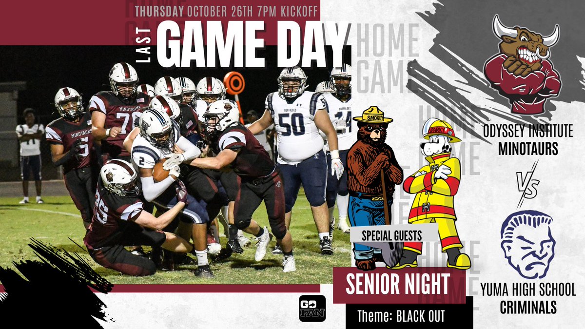 OIfootballbc's tweet photo. It’s our FINAL GAME &amp; SENIOR NIGHT! Kickoff is at 7pm, it is a BLACK OUT theme. We will also have special guests (Smokey the Bear &amp; Sparky the Dog) ready for photo ops and help bring awareness to Fire Prevention. For the last time this year on game day - #hornsup #gominotaurs 🏈 https://t.co/dYsGJkcRR8