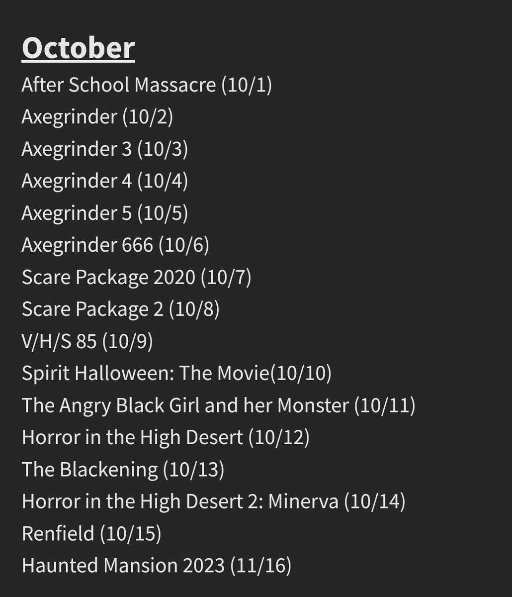 Ingeinwetrust's tweet photo. My October watch list so far! #octobermoviechalleng #horrormovies #horrormovieaday #horror #gore #scary https://t.co/6HJOG9TqPz