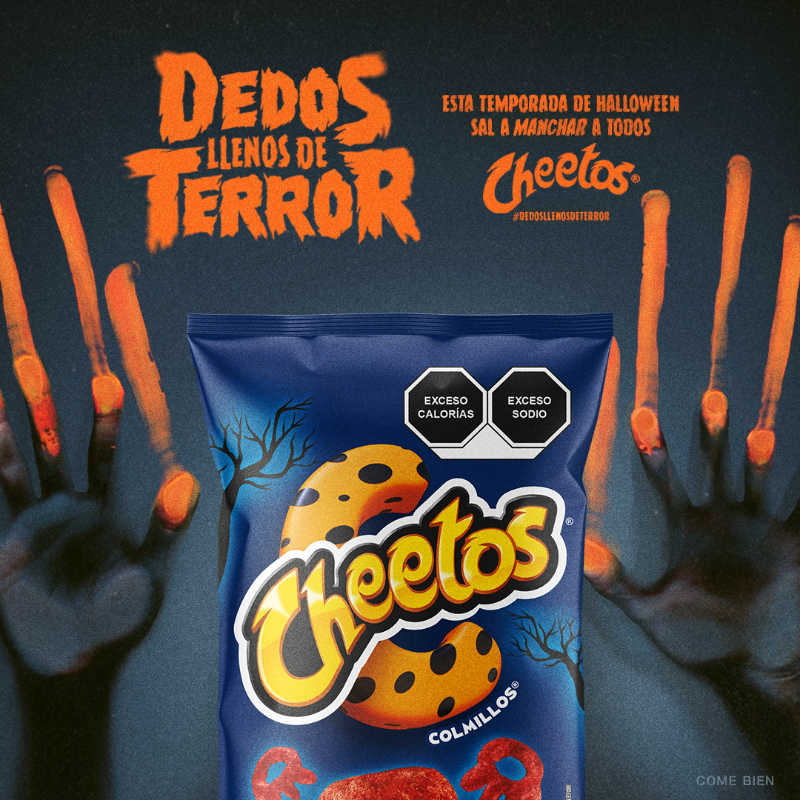 Cheetos_Mx's tweet photo. Esta temporada de terror, no te quedes sin tus Cheetos® Colmillo. Por primera vez en bolsa grande! Compralos aquí. #DedosLlenosDeTerror.
