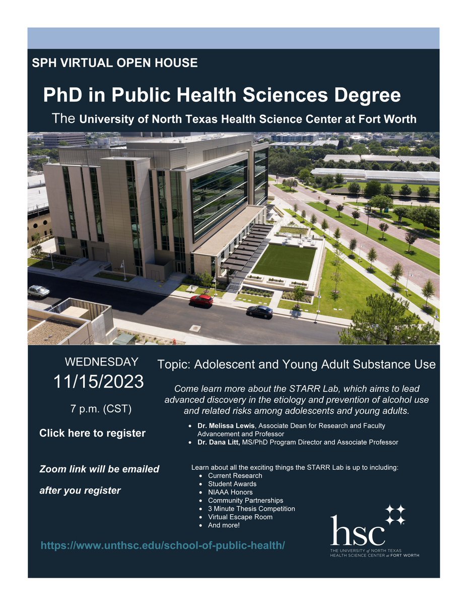 Please spread the word-<a href="/MelissaLewisPhD/">Melissa A Lewis</a> and I are looking to add 1-2 students to the <a href="/STARRLab_UNTHSC/">STARR_Lab</a> where they can earn a PhD in Public Health Sciences.  If interested, please sign up for one of our open houses.
 
10/26: forms.gle/hnCAkGskSGt7Fb…

11/15: forms.gle/JYt3Gp95uyfS7f…