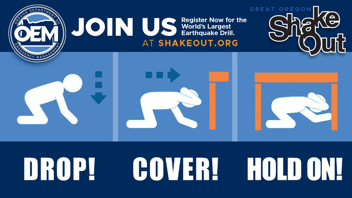 OregonOEM's tweet photo. Are you ready to #ShakeOut? The Great Oregon ShakeOut earthquake drill is happening this Thursday, October 19, at 10:19 a.m. Nearly 600,000 Oregonians will Drop, Cover and Hold On to practice earthquake safety. Join the world's largest earthquake drill at https://t.co/i4r3CmvA0Z. https://t.co/0OPDBqksnW