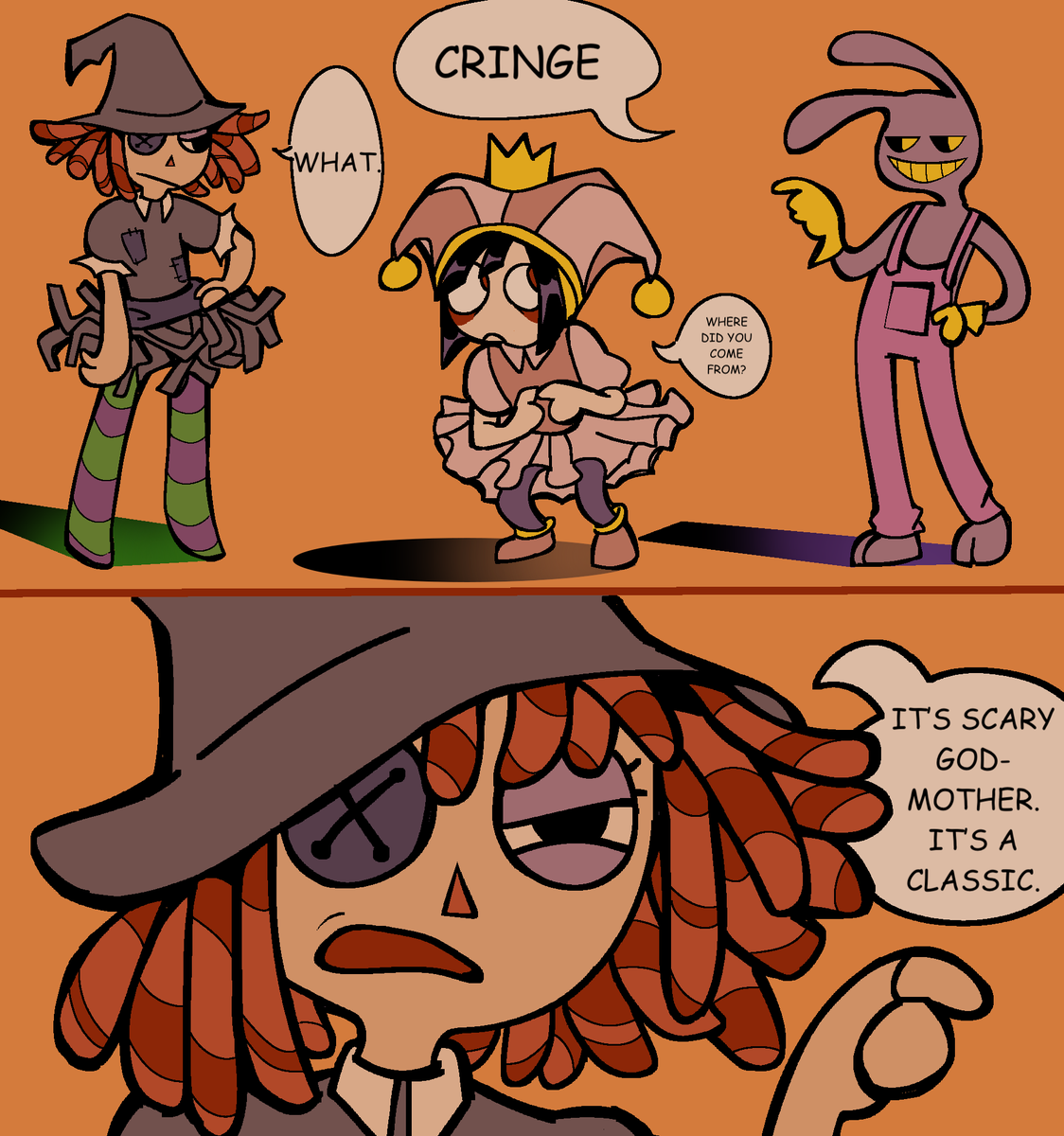 TheGreatGoatby's tweet photo. #TheAmazingDigitalCircus thought it'd be fun to see Pomni Ragatha and Jax on halloween. Made a short comic. Ignore the horrible twitter cropping. https://t.co/68oQhcAfAJ