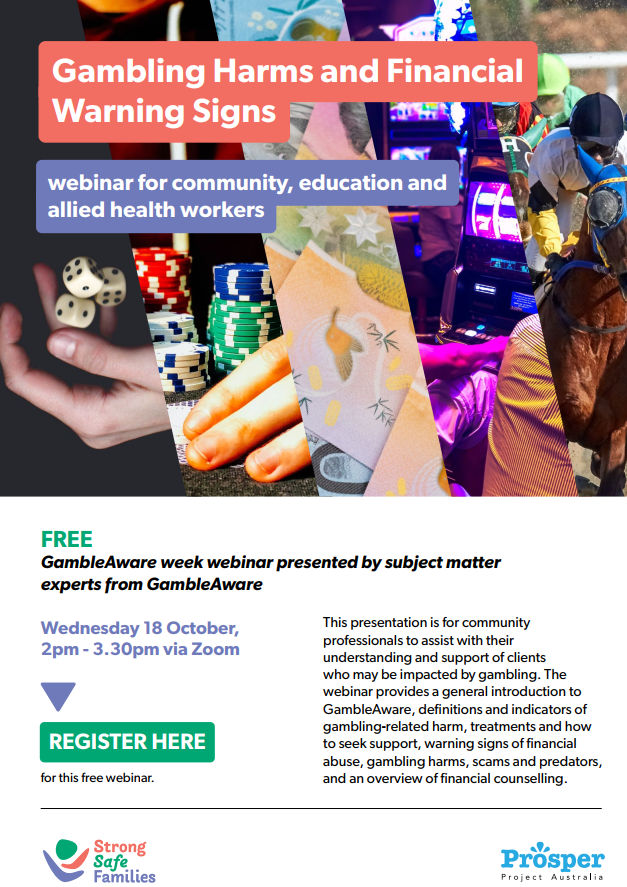 Prosper_Aus's tweet photo. It's GambleAware week! Register now for this FREE GambleAware webinar for workers and anyone interested in understanding more about Gambling harm. Register here - https://t.co/HXMEjaTyml https://t.co/a7loTo9XSL