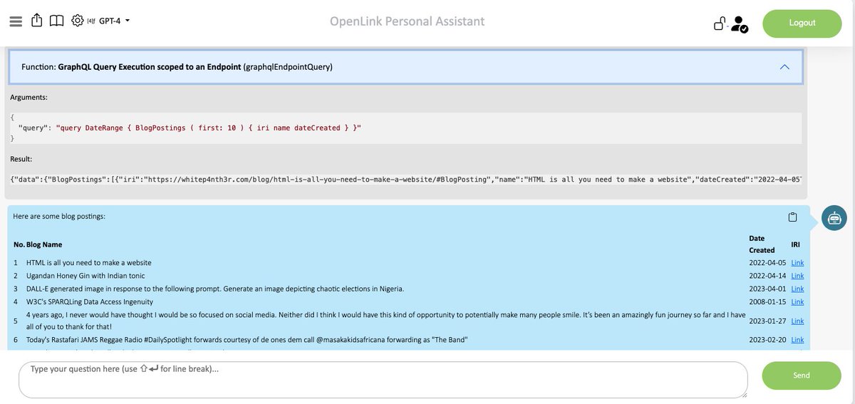 The new OpenLink Personal Assistant (#OPAL) also supports #GraphQL (alongside #SQL, #SPARQL, and #SPASQL) for Retrieval Augmented Generation of prompt responses generated by #ChatGPT.

linkeddata.uriburner.com/chat/?chat_id=…

#RAG #KnowledgeGraph #LinkedData #DataConnectivity #AI #SmartAgent