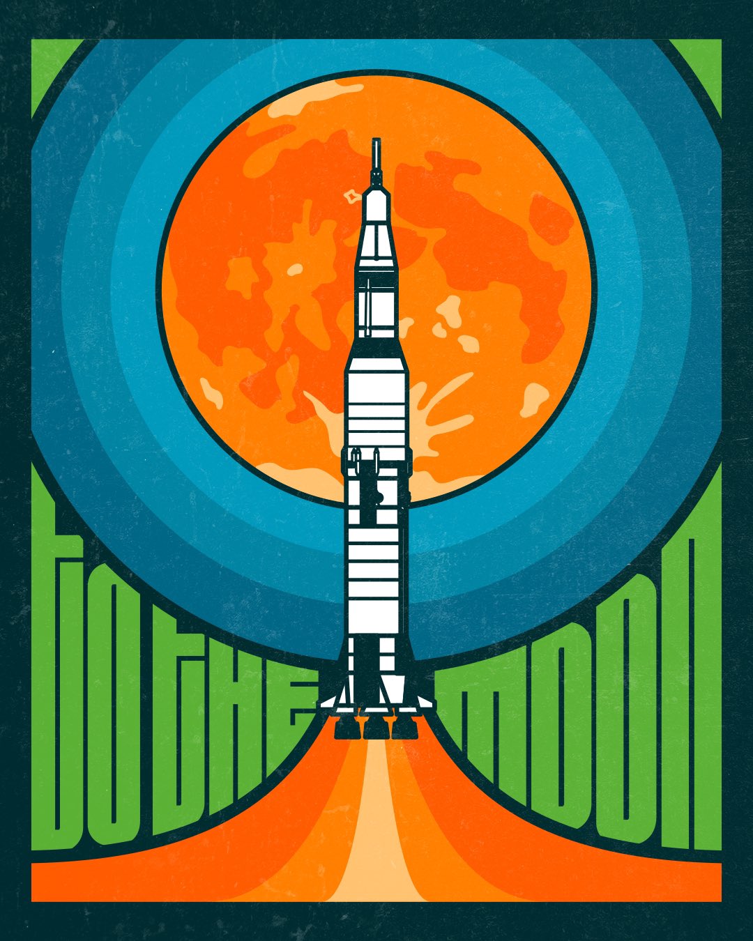 Poster design. Illustration of a Saturn V rocket launching at the center. Behind the rocket at the top is an illustration of the Moon. Surrounding the illustration of the Moon and the Saturn V at the bottom are the words “to the moon”.