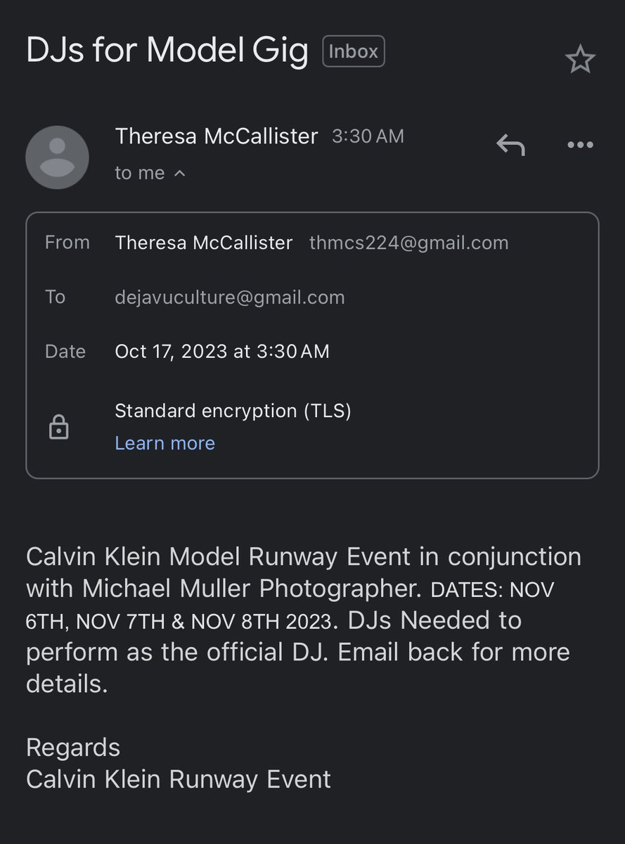 Dear DJs, beware of such scammers! 🙏🏻 We strongly recommend conducting thorough research before responding to such emails. In fact, we've done our own research and found a significant discussion on Reddit suggesting that this is 100% a scam. 🧐 #ScamAlert #CalvinKlein