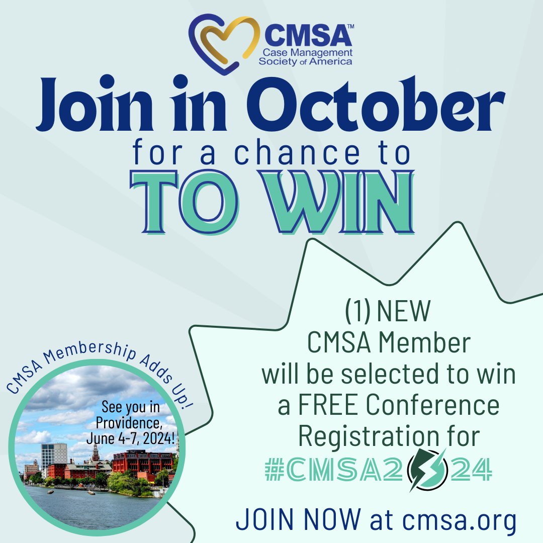 CMSANational's tweet photo. Join #CMSA in October for Your Shot at a #FreeConferenceRegistration: https://t.co/9PgO5ejK37
Join the #CMSACommunity & win again & again with 24/7 education at your fingertips, multiple publications, networking & so much more! #CaseManagement #JoinToWin #CMSA2024 https://t.co/tlNhcLA1Vl