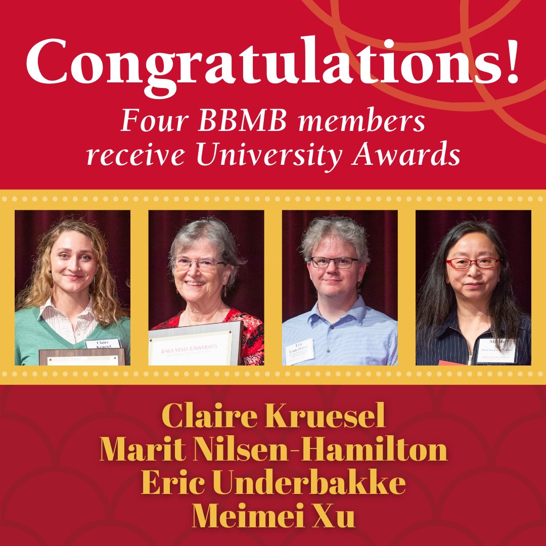 Congrats BBMB Awardees!⭐Marit Nilsen-Hamilton: University Professor⭐Eric Underbakke: James Huntington Ellis Excellence in Undergrad. Intro. Teaching⭐Claire Kruesel: Prof. &amp; Scientific Outstanding New Professional⭐Meimei Xu: Regents Staff Excellence 
instagram.com/p/CyesdiFJZjK