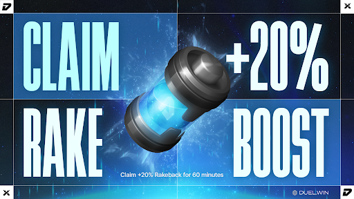 Gain Rakeboost for 1 hour anytime you claim rewards from Chests, level up, or claim Scheduled Rewards.

The Rakeboost increases your Rakeback by 20%, which means for 1 hour, your Rakeback will be a whopping 27%! ⚔️

Elevate your gaming experience on duel.win today.