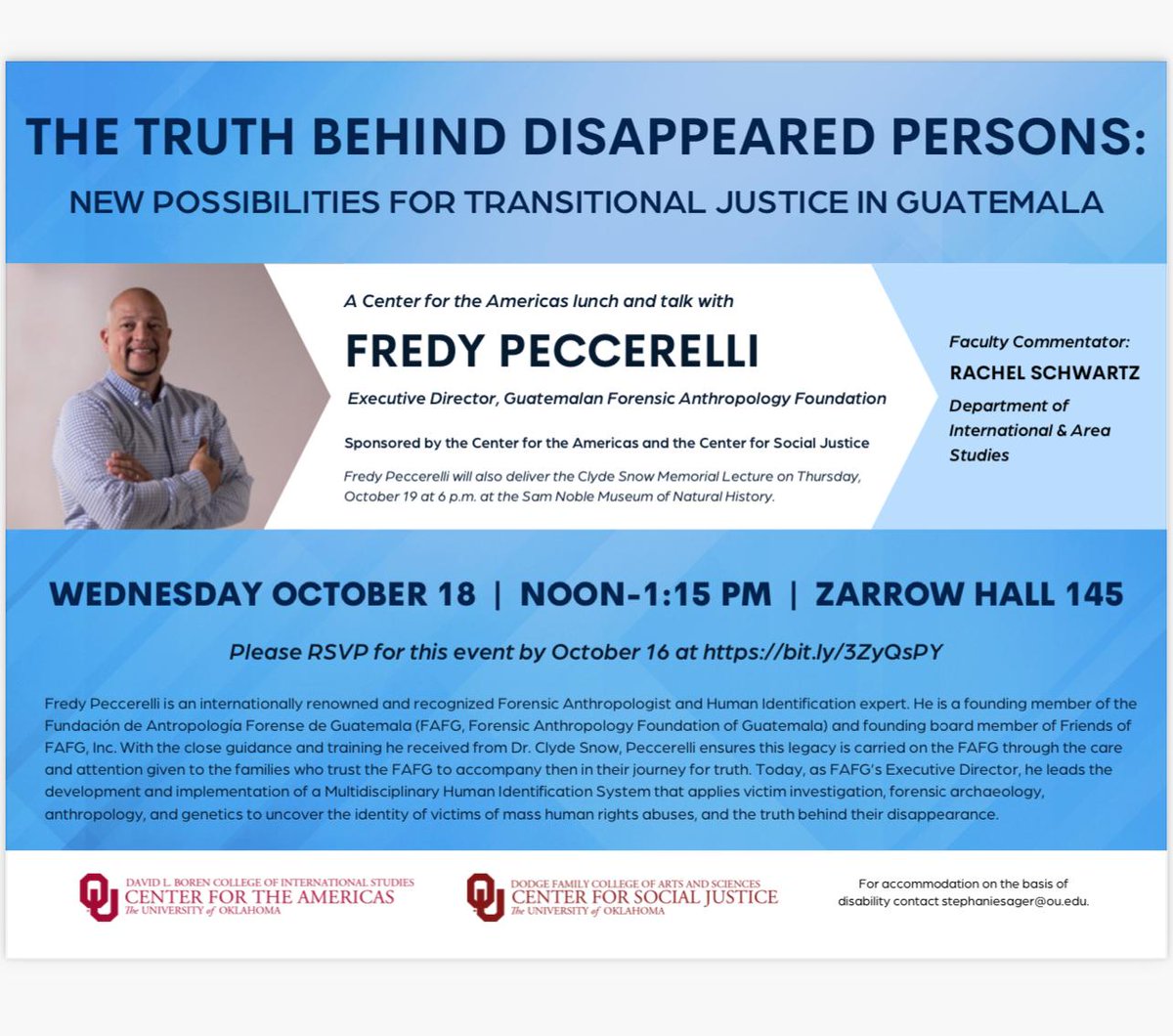 CofAmericasOU's tweet photo. Come join us for a lunch and lecture at Zarrow Hall 145 feat. Fredy Peccerelli from 12 to 1:45pm, and don't forget to RSVP by tonight! https://t.co/py7WAiqd6g