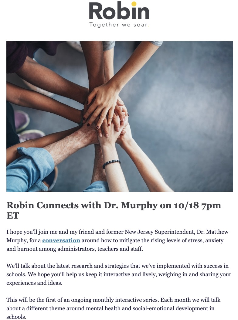 Wednesday, 10/18 @ 7pm, join me &amp;
<a href="/SonnyThadani/">SonnyThadani</a> to talk about mitigating the rising levels of burnout among educators: bit.ly/46o3ORE. Each month, we'll discuss a different mental health theme relevant to school teachers &amp; leaders. #mentalhealthmatters
<a href="/Robin_stories/">Robin</a>