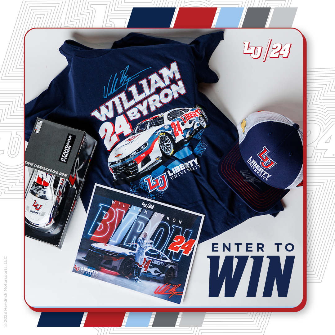 LibertyU's tweet photo. There's a victory in store for No. 24 this weekend, and you can win too! Follow us and repost for a chance to win an @WilliamByron prize pack, including an autographed LU24 team hat, die-cast car, and T-shirt! A winner will be selected on Oct. 24.

@Hendrick24Team @TeamHendrick https://t.co/GHlXXf6NGA