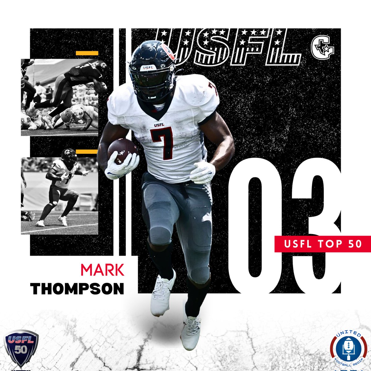 AceUFM's tweet photo. Coming in at #3 on the #USFL50, a whopping FORTY SPOTS higher than he was on the season 1 list, is Mark Thompson! He owns the rushing TD record and now the #3 spot on this list. He is the most highly anticipated FA signing for season 3, here's hoping he keeps growing his #Gamblers legacy! #USFL #ALLIN #NSFL #UFL