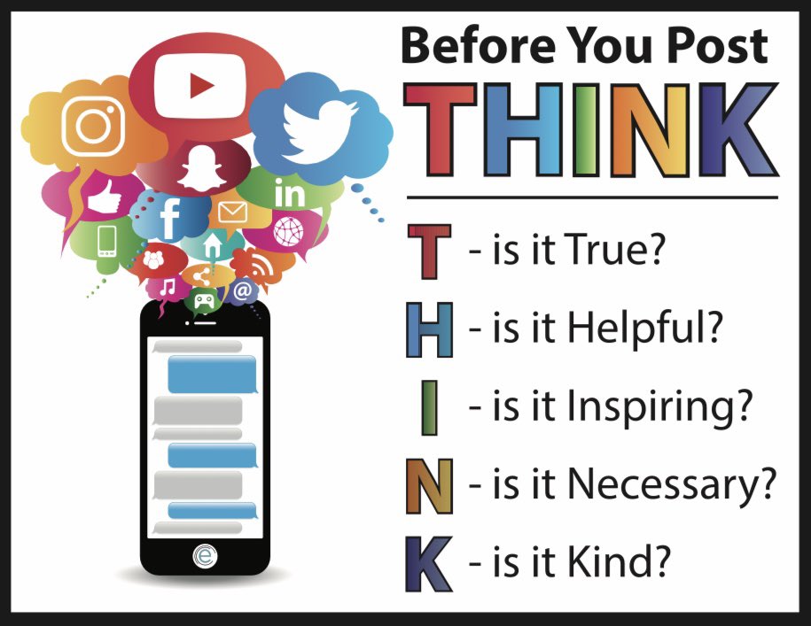 THINK 🤔before you Post 
is a simple and effective message...
is it True?
is it Helpful? 
is it Inspiring? 
is it Necessary?
is it Kind?
#DigitalCitizenshipWeek
#KnightsDoItRight⚔️💜