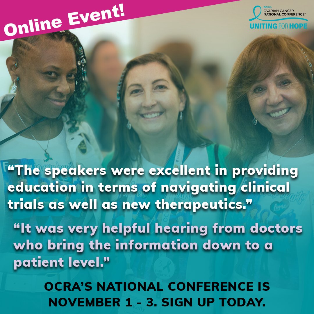 Get crucial info about gynecologic cancers during @ocrahope Ovarian Cancer National Conference from Nov 1 - 3. Topics include clinical trials, experimental therapies for ovarian cancer, endometrial cancer updates, and more. #EndometrialCancer Sign up at bit.ly/3tyCkdK