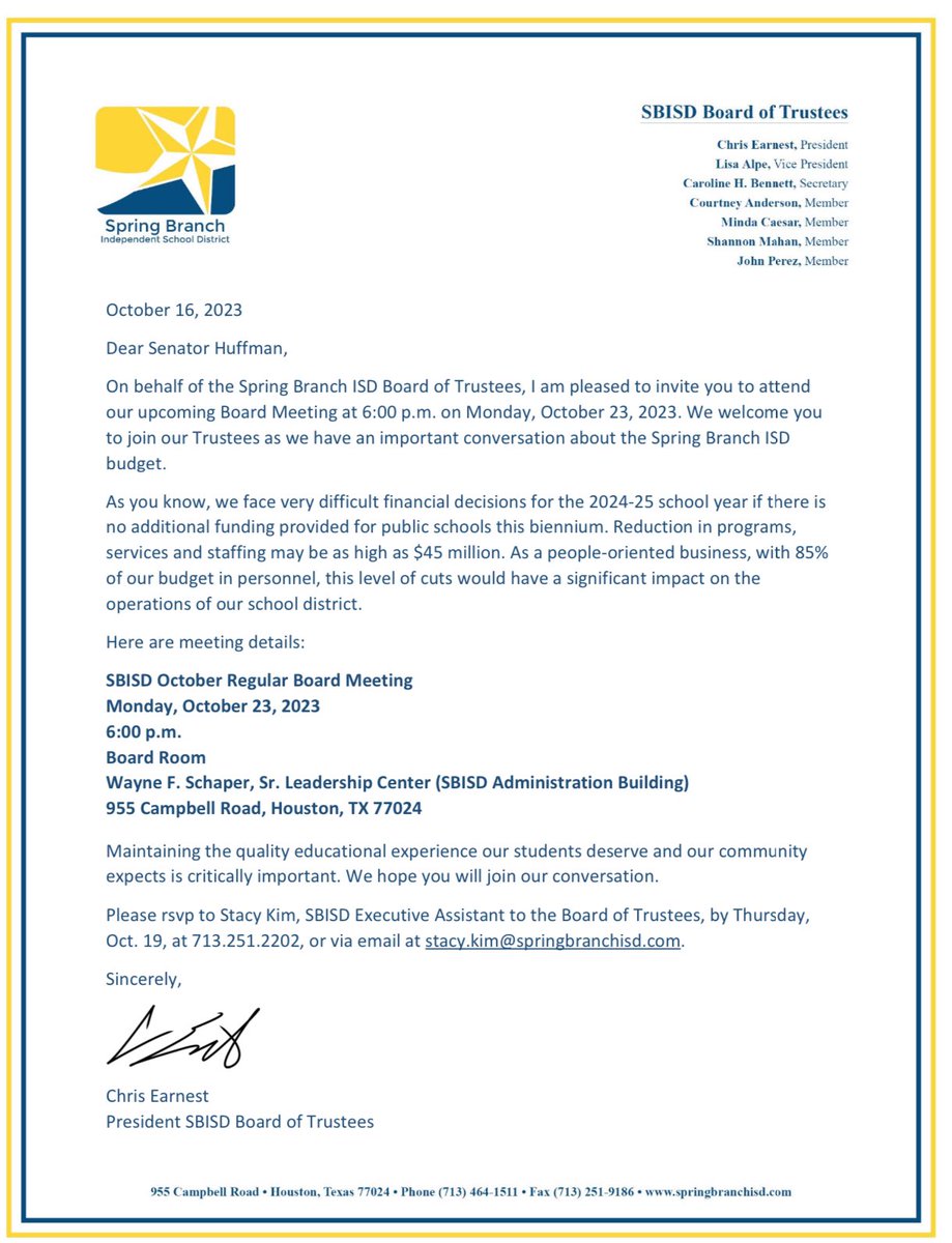 Chris Earnest (@chris_earnest21) on Twitter photo We have invited both TX State Senators who serve areas of <a href="/SBISD/">Spring Branch ISD</a> to our next board meeting on October 23rd to participate in discussions regarding budget decisions we face as a district in the coming year. Let them know they should attend 📣 <a href="/TeamBettencourt/">Team Bettencourt</a> <a href="/joanhuffman/">Joan Huffman</a> We have invited both TX State Senators who serve areas of <a href="/SBISD/">Spring Branch ISD</a> to our next board meeting on October 23rd to participate in discussions regarding budget decisions we face as a district in the coming year. Let them know they should attend 📣 <a href="/TeamBettencourt/">Team Bettencourt</a> <a href="/joanhuffman/">Joan Huffman</a>