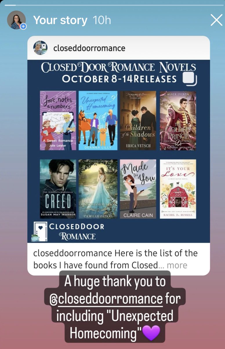 Unexpected Homecoming was shared on Closes Door Romance post today! So grateful for the support! 💕
#cleanromance 
#cleanromancewriter 
#romancebooks #lawyer #AnimalRescue #heartwarming 
#RomanceReaders 
#romancebooks 
#romancenovels 
#Reviews 
#follow 
 
instagram.com/stories/deanna…