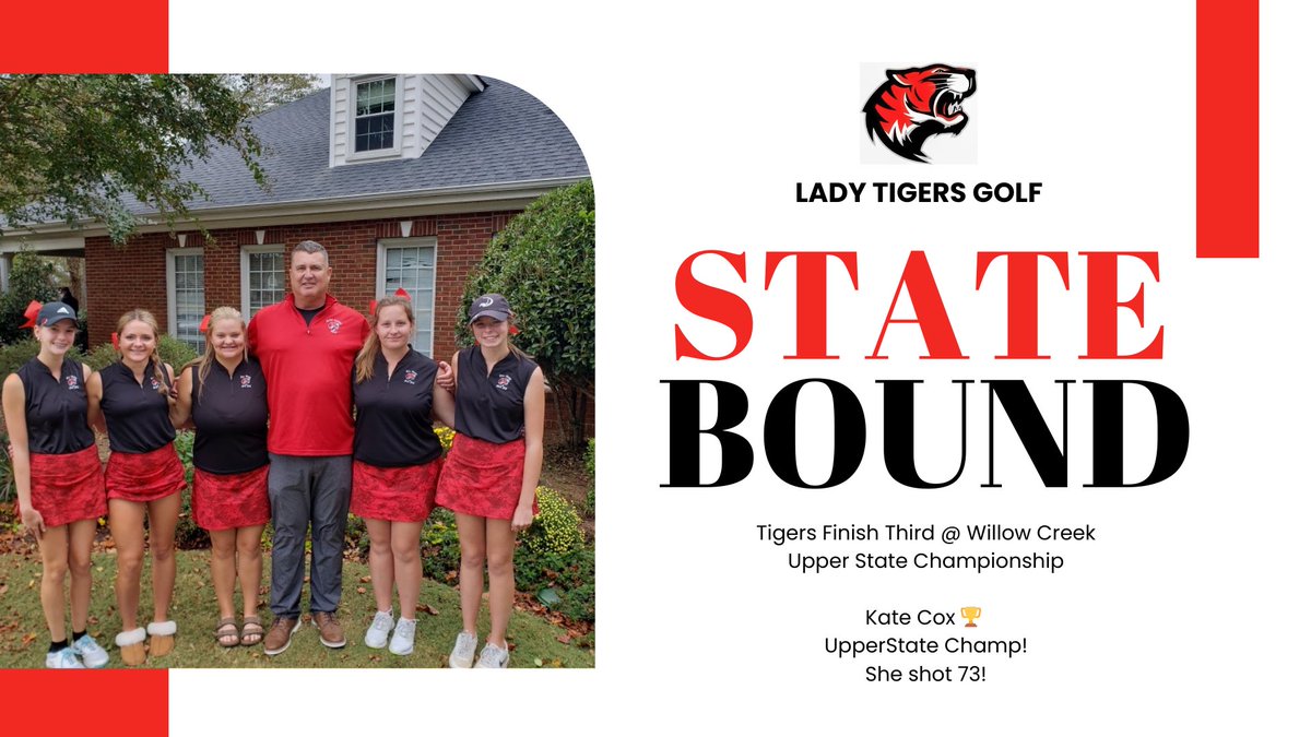 brhstigers's tweet photo. Lady Tigers Golf finished third at Upper State to qualify for State. Kate Cox is your individual Upper State Champion! Go Tigers, #HearUsROAR @AshleyCWardlaw https://t.co/pTs5nzpXcL