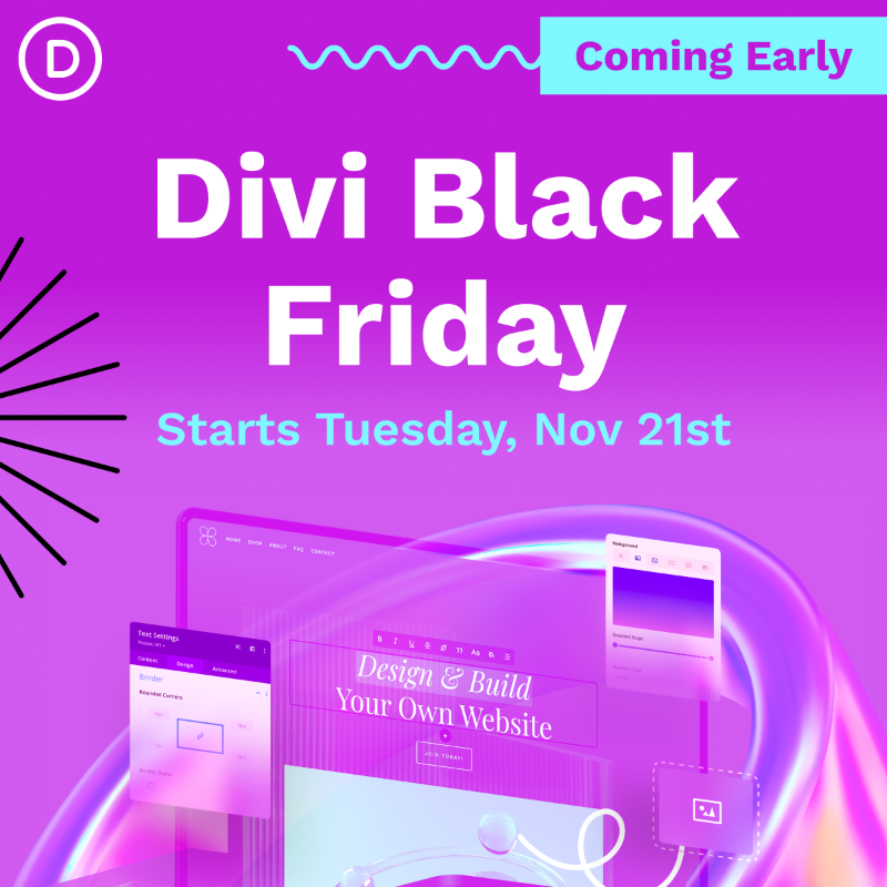 elegantthemes's tweet photo. The Divi Black Friday sale is coming early! 🤯 We will blow you away this year. Get ready for 👇

✅ Thousands And Thousands Of Free Prizes
✅ Discounts Up To 60% Off
✅ Exclusive Divi Website Packs
✅ Exclusive Divi Marketplace Discounts
✅ Exclusive Divi Marketplace Bundles