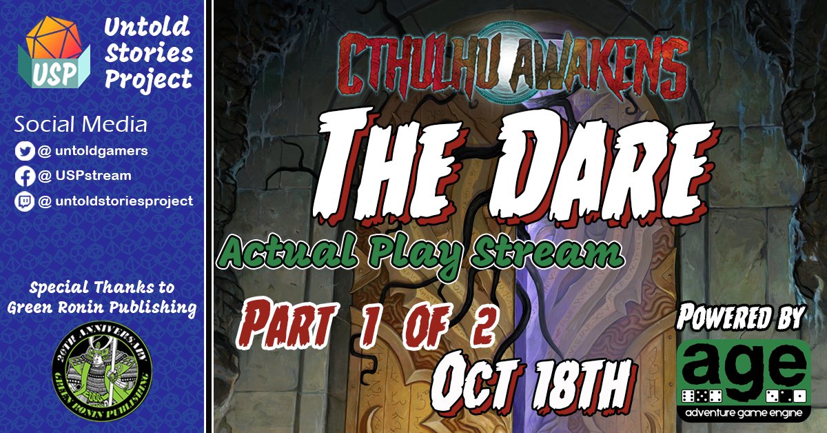 On Wednesday live stream I am running The Dare by 
<a href="/SentinelHillPrs/">Sentinel Hill Press</a> , using Cthulhu Awakens by <a href="/GreenRoninPub/">Green Ronin Publishing</a> 

The cast takes on the roles of children who are forced to spend Halloween night in a (supposedly) haunted house, what could go wrong? 
#TTRPG, #Cthulhu, <a href="/roll20app/">Roll20</a>