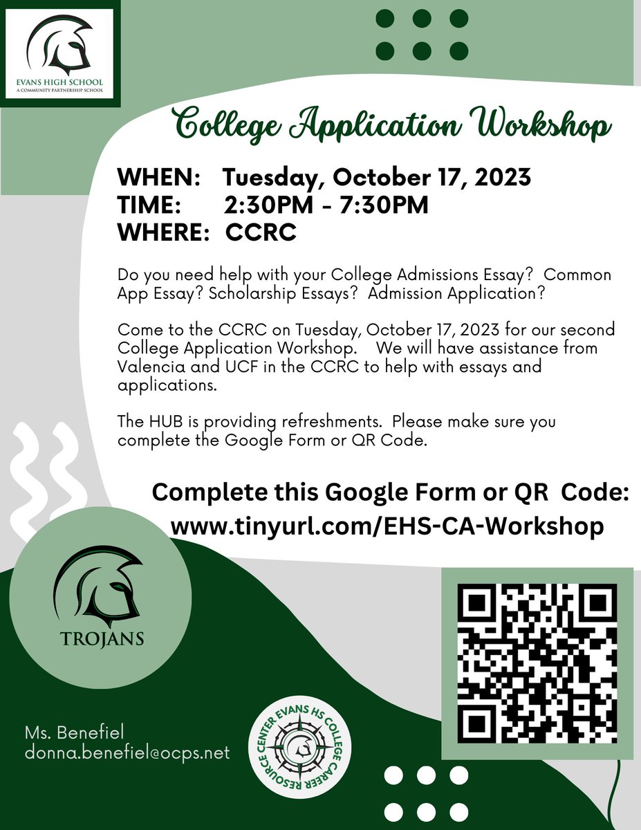 Are you thinking of applying to FSU or UF?  Are you thinking of Valencia Bridges to Success or the Seneff Honors College?  Come to the CCRC tomorrow to work with volunteers from Valencia &amp; UCF.  Remember the time is 2:30pm - 7:30pm.  Sign up at tinyurl.com/EHS-CA-Workshop