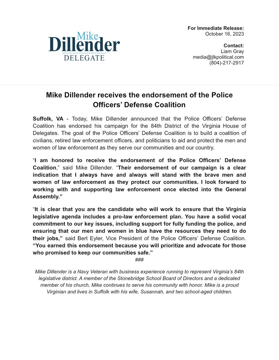MikeDillenderVA's tweet photo. I am honored to receive the endorsement of @defense_police. Please read my press release below for more information 👇🏻 https://t.co/p0THqxgNNx