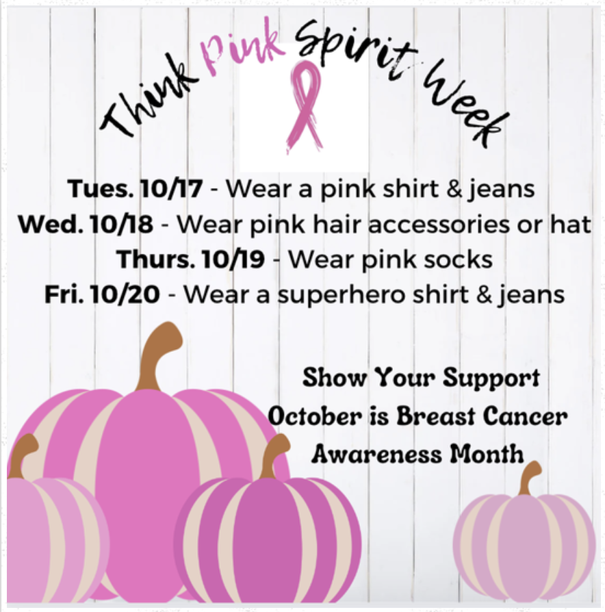 Welcome back, students! We missed your smiles, laughter, and curiosity. It's going to be an amazing 2nd quarter filled with new adventures and learning. Join us this week in our Think Pink Spirit week dress.
