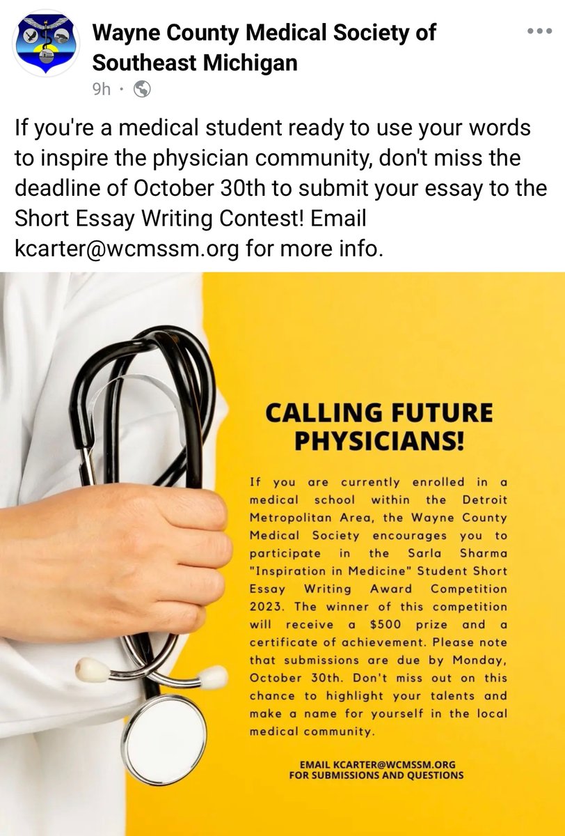 Medical student writing contest sponsored by Wayne County Medical Society of Southeast Michigan.  Help shape the future of medicine!

<a href="/WCMSSM/">WCMSSM</a> 

facebook.com/10006485931545…