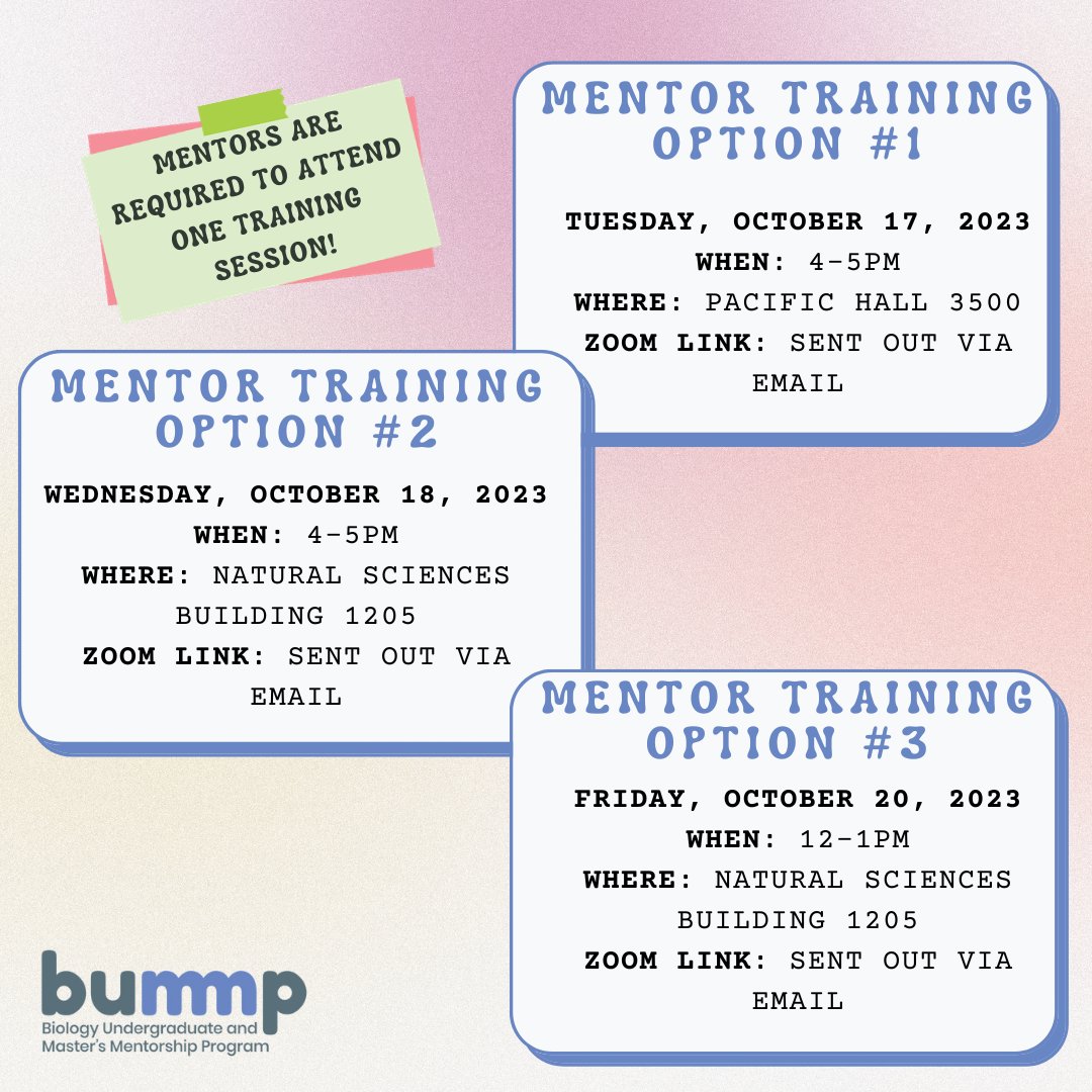Attention BUMMP Mentors! Mark your calendars! We are hosting Mentor Training Sessions this week! All new and returning mentors are required to attend one training session in order to be paired with a mentee. Additional details were sent out via email. See you there!