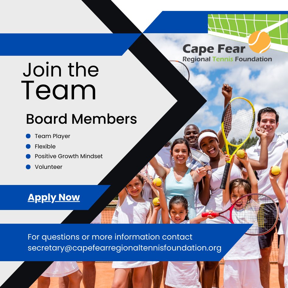 CFRTennisFDN's tweet photo. The Cape Fear Regional Tennis Foundation is accepting board applications! Click on the link to complete your application. The deadline is November 1st, 2023.

https://t.co/WoyWShNQjL

#cfrtf #volunteer #tennis https://t.co/5wNLZUGQlX