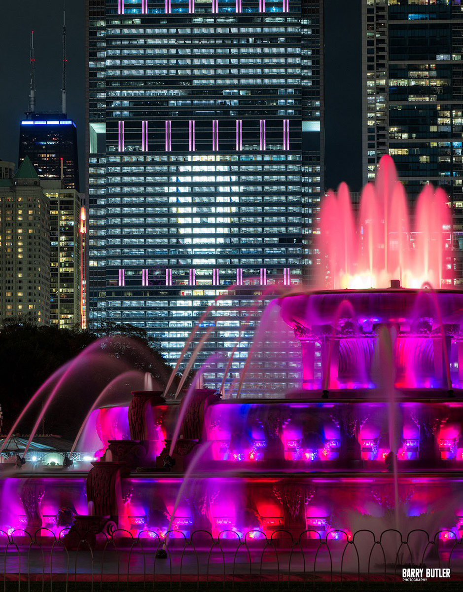 Pretty City in Pink.   This evening in Chicago with Buckingham Fountain and a Ribbon for Breast Cancer Awareness on the Blue Cross &amp; Blue Shield building.