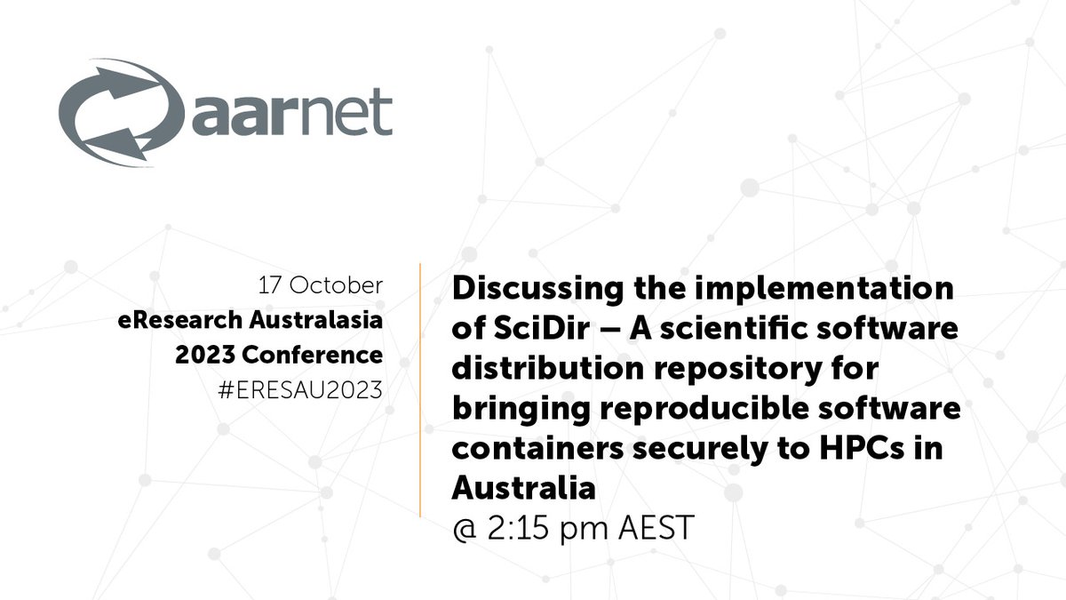 AARNet's tweet photo. Join us at 2:15 pm today at #eResAU2023 where we will be discussing the implementation of SciDir, A scientific software distribution repository for securely bringing reproducible software containers to #HPCs in Australia.

Find out more at https://t.co/nYSlc1qcZB

#eResearch #HPC https://t.co/Ajhz23Kbqk