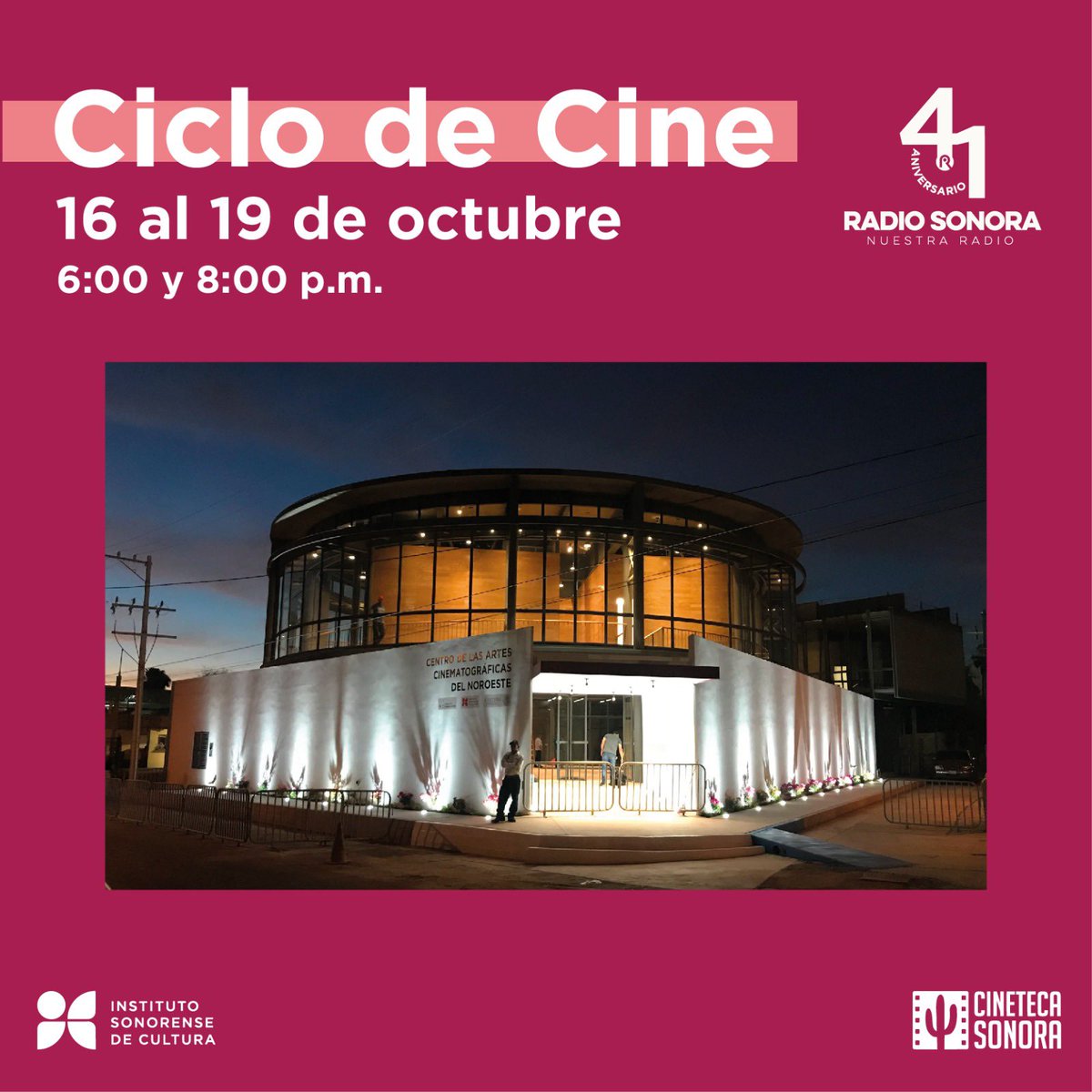 TadeoRiveraG's tweet photo. 🍿📽 ¡Ya comenzamos el CICLO DE CINE! #41AniversarioRS ���📻🎬

¡Tod@s están invitad@s!

🎟🎫 Del lunes 16 al 19 de Octubre en la Cineteca Sonora, Dr. Pesqueira y Comonfort SN, Col. Centenario., Hermosillo, Mexico. 

¡Entrada gratuita!

Info. aquí 👇
https://t.co/bJFnrSd38Q https://t.co/SPcThsGzo4