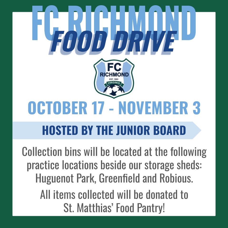 The FCR Junior Board is hosting a Food Drive, October 17th-November 3rd to support St. Matthias who provides food for 100 people every week. Collection bins are located at Huguenot, Greenfield and Robious. Let’s fill the bins to support families in our community!  #beyondthegame