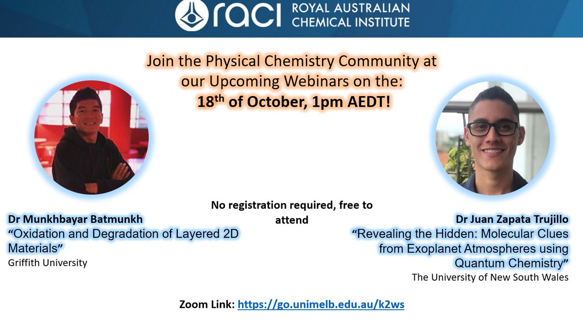 We're back tomorrow (Wednesday 18th October, 1pm AEDT) with two more amazing webinars. Join for some fun Physical Chemistry! 🪐⚡️⚗️ Zoom: go.unimelb.edu.au/k2ws